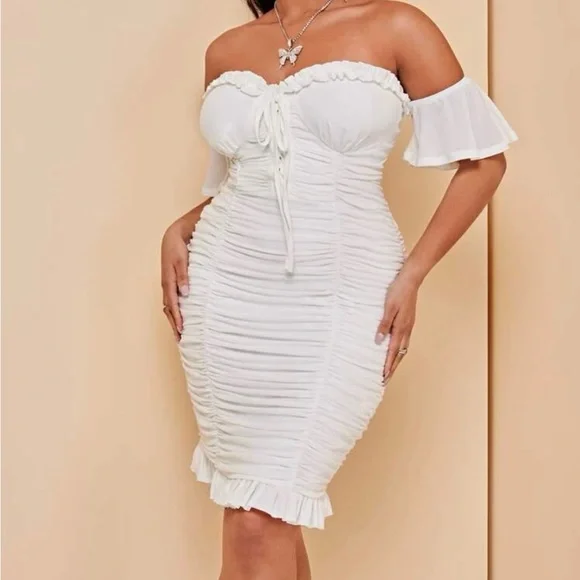 SHEIN | Dresses | Off Shoulder Knot Front Ruched Ruffle Hem Mesh Bodycon  Dress | Poshmark